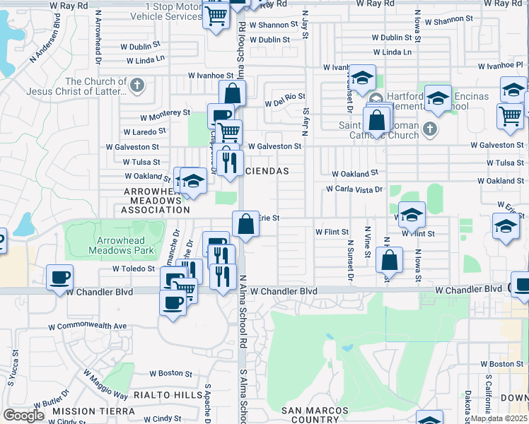 map of restaurants, bars, coffee shops, grocery stores, and more near 411 North Alma School Road in Chandler