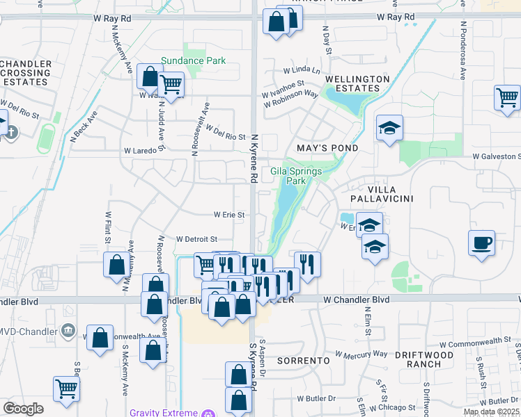 map of restaurants, bars, coffee shops, grocery stores, and more near 411 Village of Gila Springs Apartment in Chandler