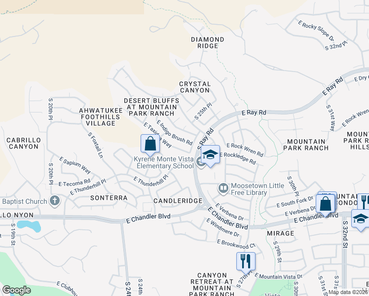 map of restaurants, bars, coffee shops, grocery stores, and more near 2529 East Indigo Brush Road in Phoenix