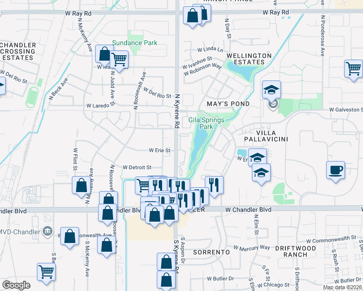 map of restaurants, bars, coffee shops, grocery stores, and more near 411 Village of Gila Springs Apartment in Chandler