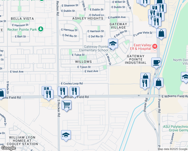 map of restaurants, bars, coffee shops, grocery stores, and more near 4292 East Erie Street in Gilbert