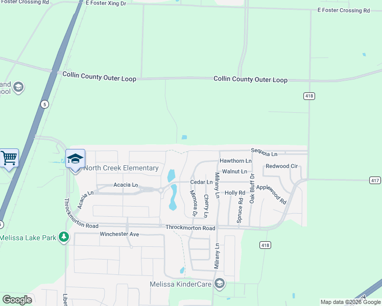 map of restaurants, bars, coffee shops, grocery stores, and more near 3309 Sequoia Lane in Melissa