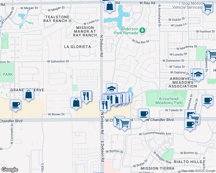 map of restaurants, bars, coffee shops, grocery stores, and more near 1919 West Carla Vista Drive in Chandler