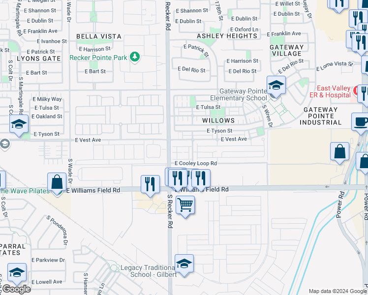 map of restaurants, bars, coffee shops, grocery stores, and more near 2216 South Swallow Lane in Gilbert