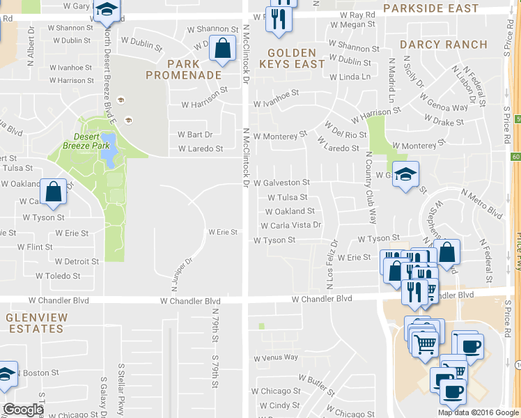 map of restaurants, bars, coffee shops, grocery stores, and more near 3671 West Tulsa Street in Chandler