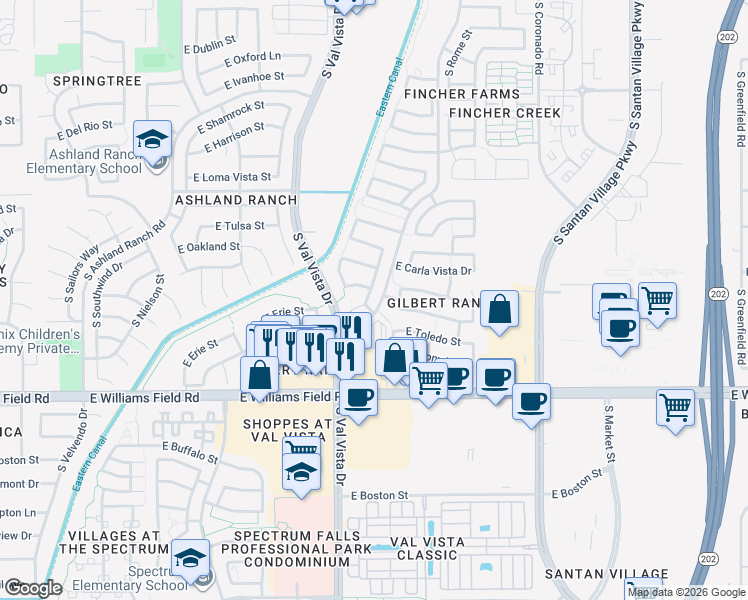 map of restaurants, bars, coffee shops, grocery stores, and more near 2227 South Bahama Drive in Gilbert