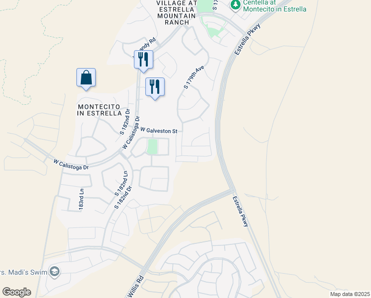 map of restaurants, bars, coffee shops, grocery stores, and more near 14850 South 179th Avenue in Goodyear