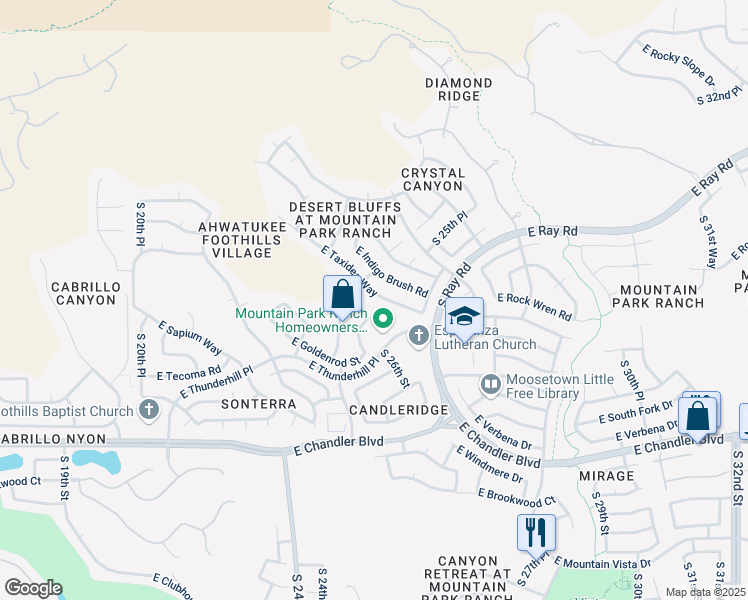 map of restaurants, bars, coffee shops, grocery stores, and more near 2509 East Taxidea Way in Phoenix