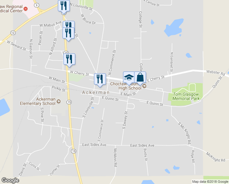 map of restaurants, bars, coffee shops, grocery stores, and more near 171 East Main Street in Ackerman