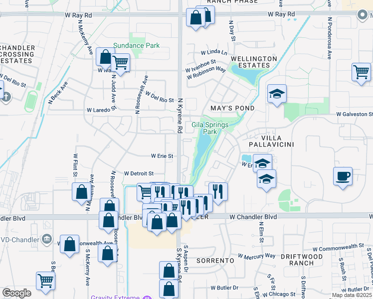map of restaurants, bars, coffee shops, grocery stores, and more near 411 North Kyrene Road in Chandler