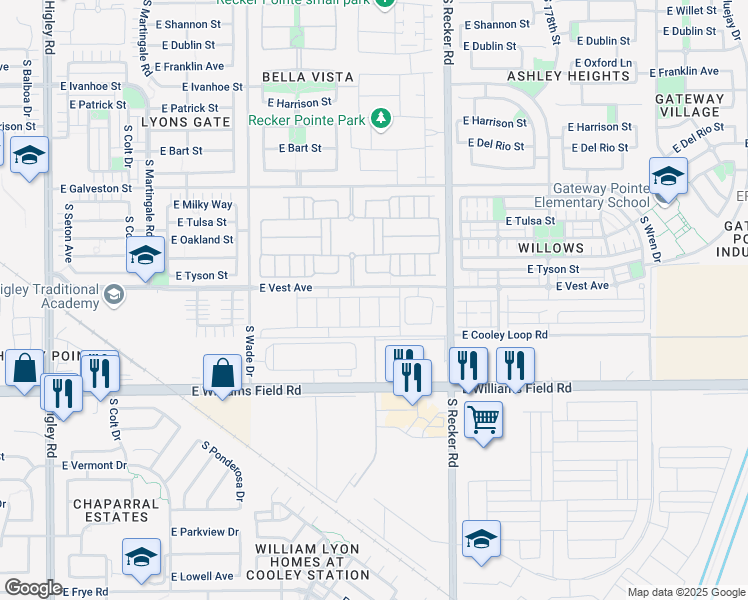 map of restaurants, bars, coffee shops, grocery stores, and more near 3880 East Vest Avenue in Gilbert