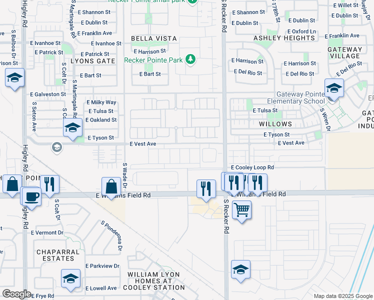 map of restaurants, bars, coffee shops, grocery stores, and more near 3880 East Vest Avenue in Gilbert