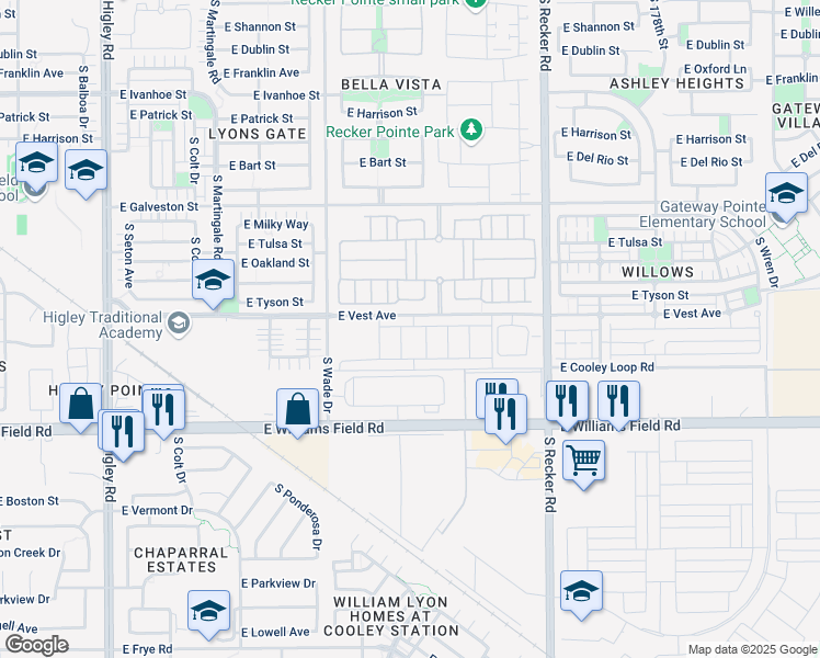 map of restaurants, bars, coffee shops, grocery stores, and more near 3740 East Vest Avenue in Gilbert