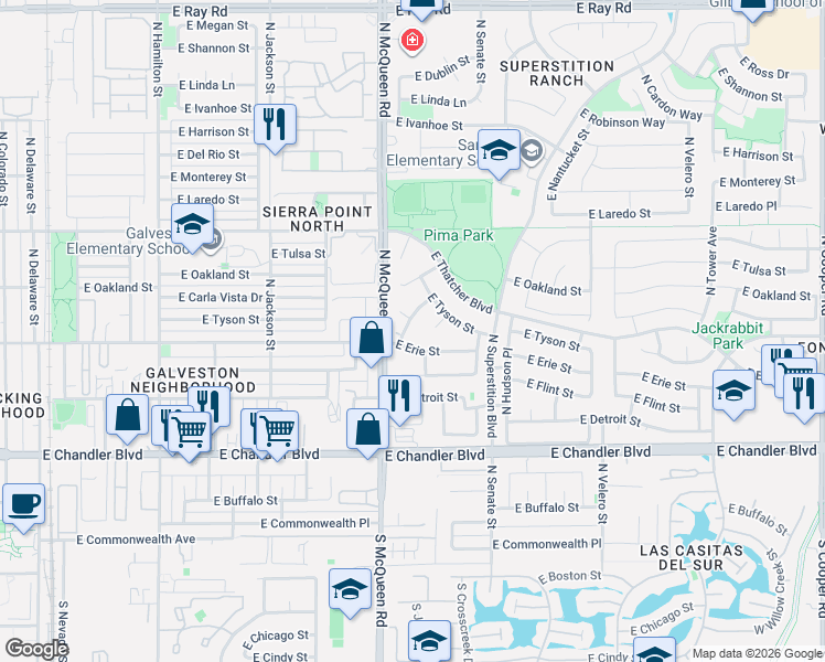 map of restaurants, bars, coffee shops, grocery stores, and more near 1061 East Tyson Court in Chandler