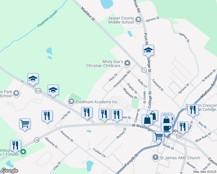 map of restaurants, bars, coffee shops, grocery stores, and more near 166 Honeysuckle Road in Monticello