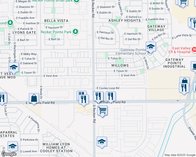 map of restaurants, bars, coffee shops, grocery stores, and more near 3333 East Vest Avenue in Gilbert