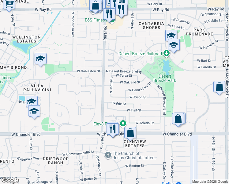 map of restaurants, bars, coffee shops, grocery stores, and more near 4877 West Carla Vista Court in Chandler