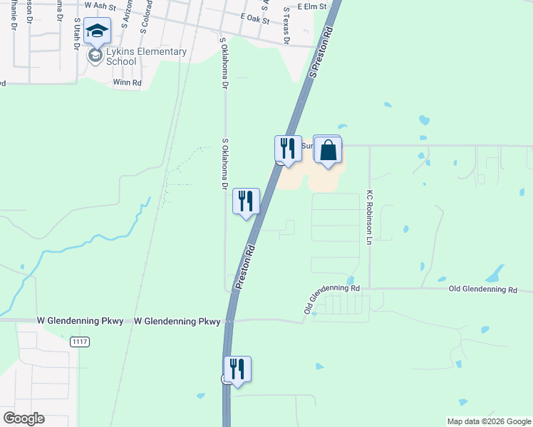 map of restaurants, bars, coffee shops, grocery stores, and more near 1212 South Preston Road in Celina