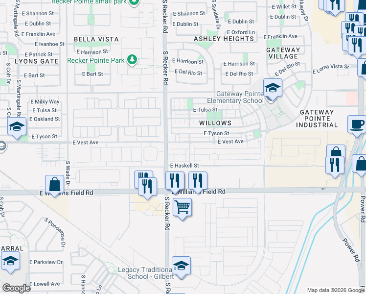 map of restaurants, bars, coffee shops, grocery stores, and more near 2216 South Swallow Lane in Gilbert