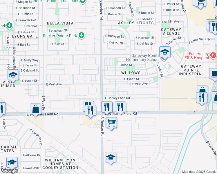 map of restaurants, bars, coffee shops, grocery stores, and more near 3333 East Vest Avenue in Gilbert