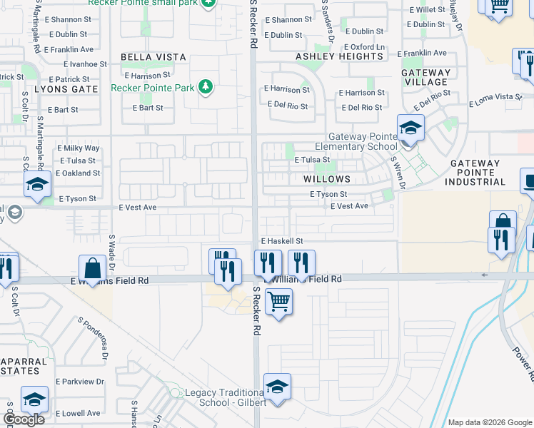 map of restaurants, bars, coffee shops, grocery stores, and more near 3333 East Vest Avenue in Gilbert
