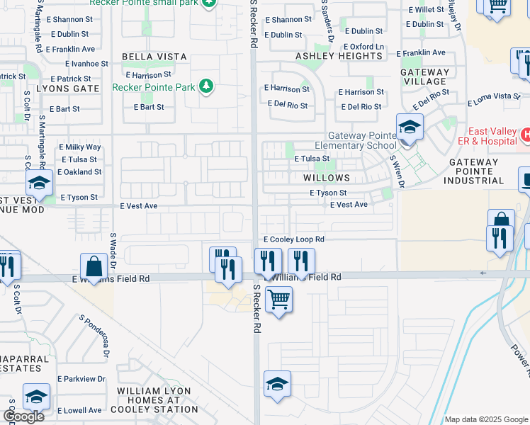 map of restaurants, bars, coffee shops, grocery stores, and more near 3333 East Vest Avenue in Gilbert
