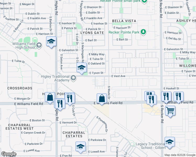 map of restaurants, bars, coffee shops, grocery stores, and more near 3529 East Tyson Street in Gilbert