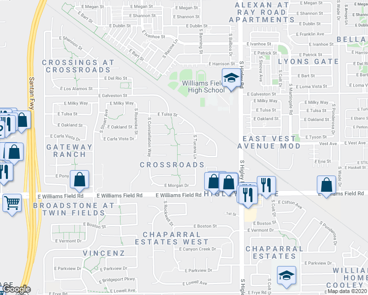 map of restaurants, bars, coffee shops, grocery stores, and more near 2979 East Tyson Court in Gilbert
