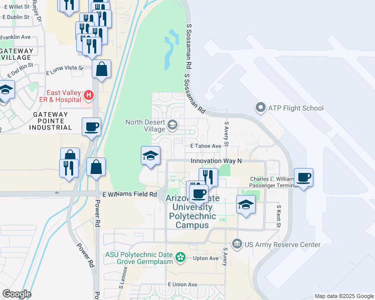 map of restaurants, bars, coffee shops, grocery stores, and more near 5815 South Sterling Avenue in Mesa