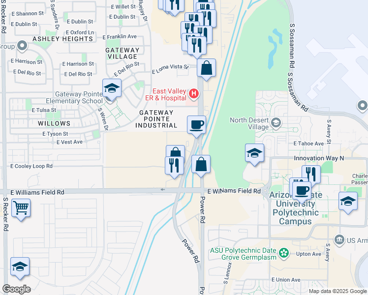 map of restaurants, bars, coffee shops, grocery stores, and more near 5850 South Power Road in Gilbert