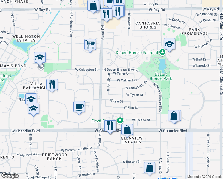 map of restaurants, bars, coffee shops, grocery stores, and more near 4877 West Carla Vista Court in Chandler