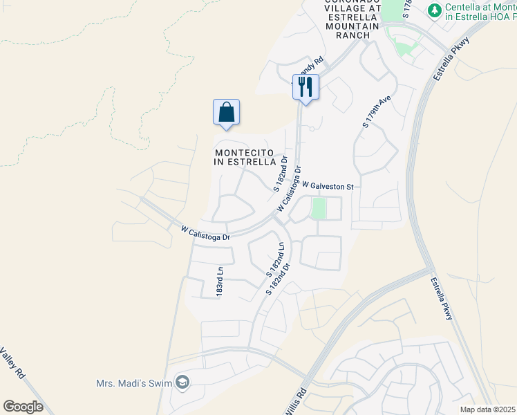 map of restaurants, bars, coffee shops, grocery stores, and more near 18250 West Indigo Brush Road in Goodyear