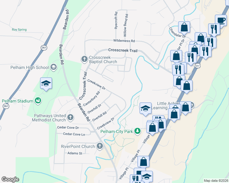 map of restaurants, bars, coffee shops, grocery stores, and more near 645 Creekview Dr in Pelham