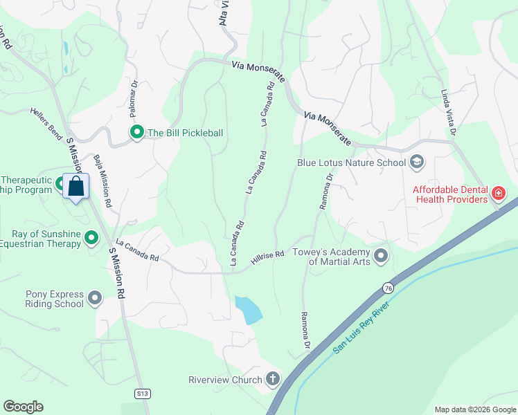 map of restaurants, bars, coffee shops, grocery stores, and more near 4316 La Canada Road in Fallbrook