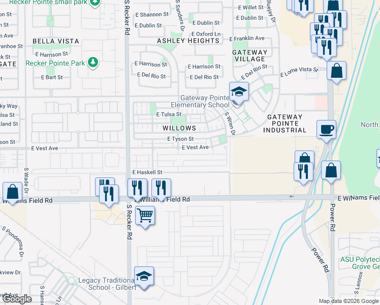map of restaurants, bars, coffee shops, grocery stores, and more near 4242 East Erie Street in Gilbert