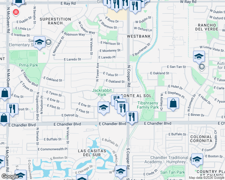 map of restaurants, bars, coffee shops, grocery stores, and more near 1877 East Carla Vista Drive in Chandler