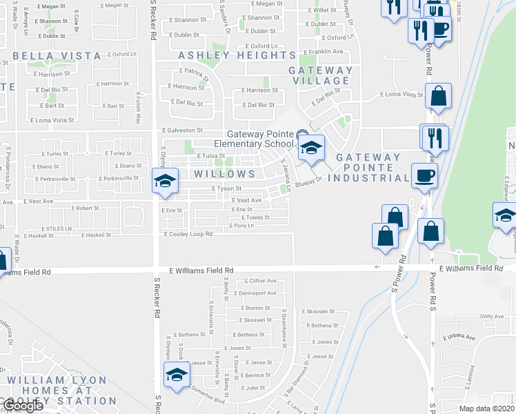 map of restaurants, bars, coffee shops, grocery stores, and more near 4292 East Erie Street in Gilbert