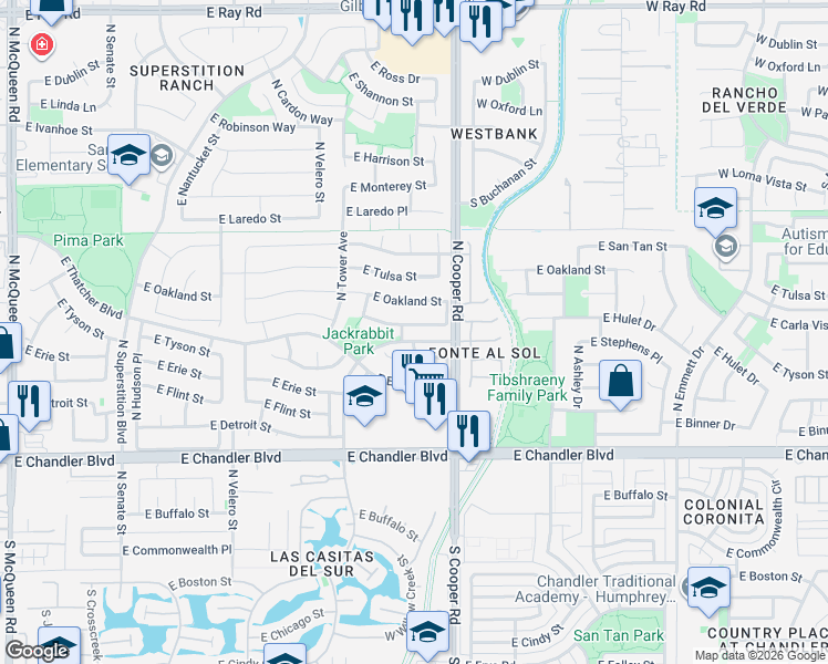 map of restaurants, bars, coffee shops, grocery stores, and more near 1877 East Carla Vista Drive in Chandler