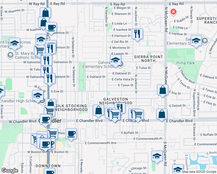 map of restaurants, bars, coffee shops, grocery stores, and more near 605 East Tyson Street in Chandler
