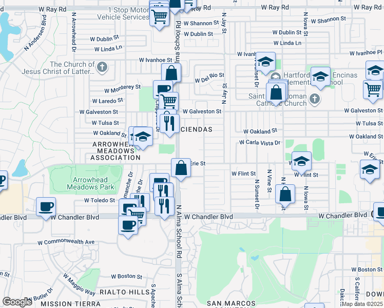 map of restaurants, bars, coffee shops, grocery stores, and more near 411 North Alma School Road in Chandler
