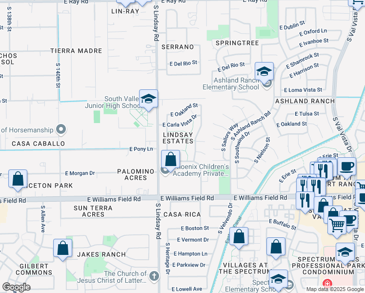 map of restaurants, bars, coffee shops, grocery stores, and more near 884 East Erie Court in Gilbert