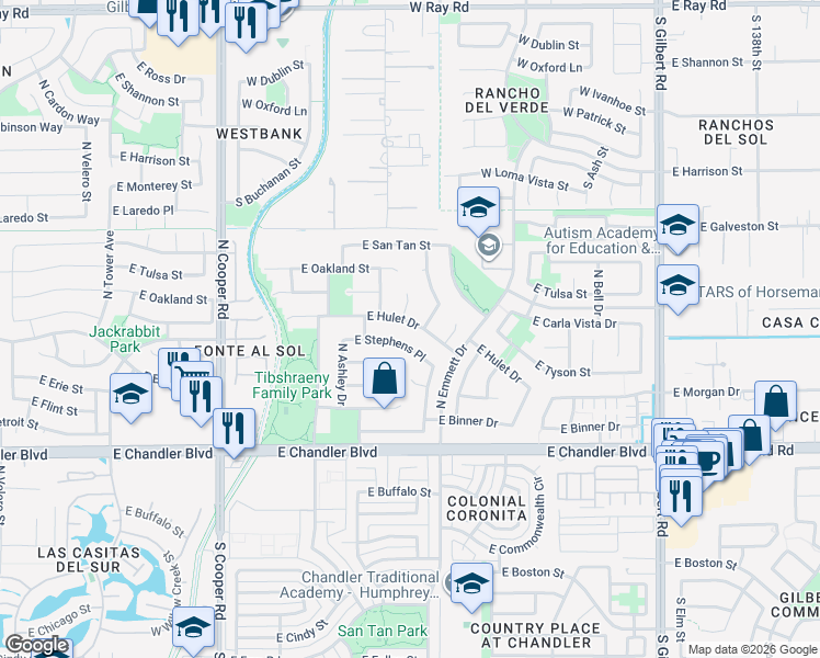 map of restaurants, bars, coffee shops, grocery stores, and more near 2383 East Hulet Drive in Chandler