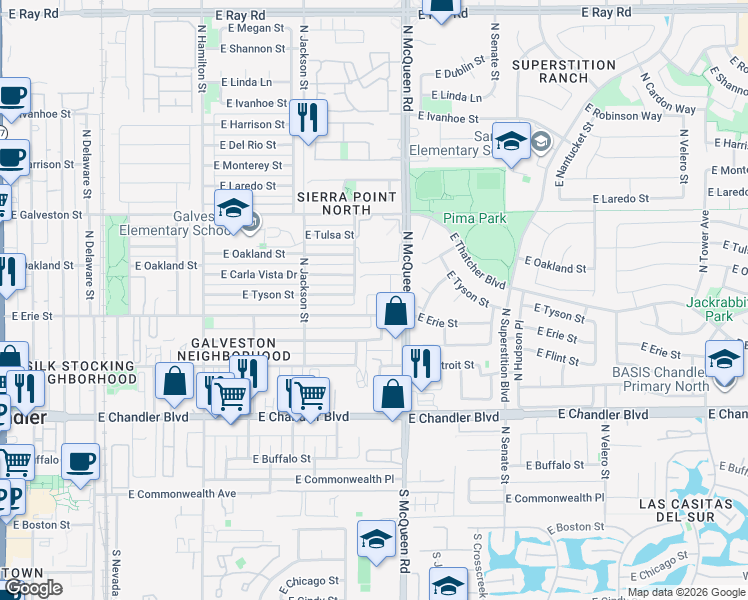 map of restaurants, bars, coffee shops, grocery stores, and more near 945 East Tyson Street in Chandler