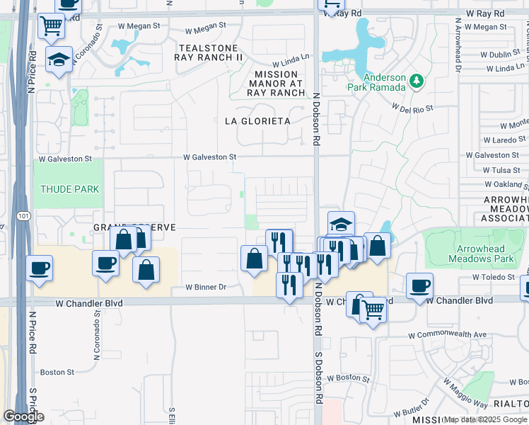 map of restaurants, bars, coffee shops, grocery stores, and more near 2121 West Tyson Street in Chandler