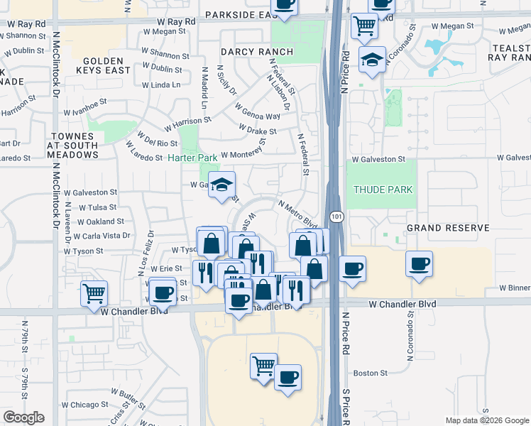 map of restaurants, bars, coffee shops, grocery stores, and more near 3276 West Stephens Place in Chandler