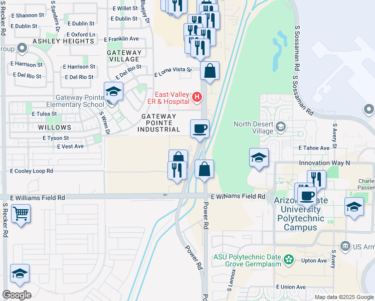 map of restaurants, bars, coffee shops, grocery stores, and more near 5850 South Power Road in Gilbert