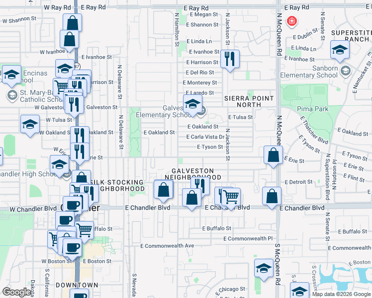 map of restaurants, bars, coffee shops, grocery stores, and more near 605 East Tyson Street in Chandler