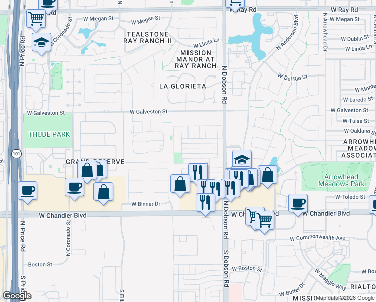 map of restaurants, bars, coffee shops, grocery stores, and more near 2121 West Tyson Street in Chandler
