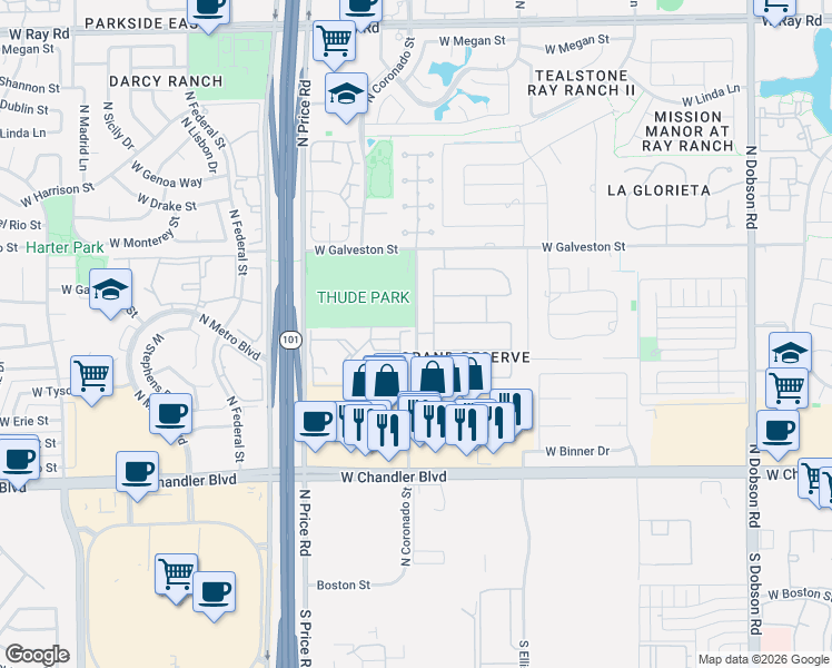 map of restaurants, bars, coffee shops, grocery stores, and more near 460 North Benson Lane in Chandler
