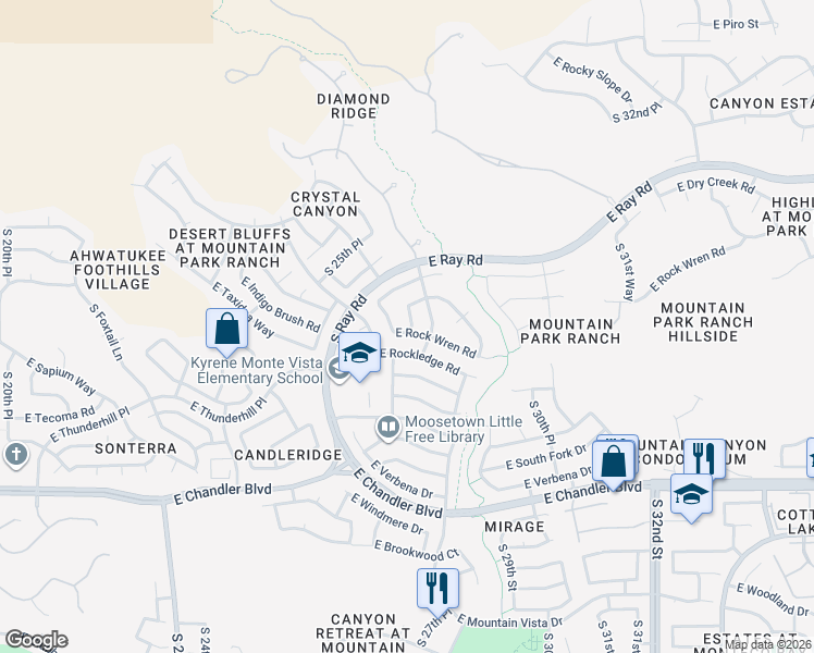 map of restaurants, bars, coffee shops, grocery stores, and more near 2706 East Rock Wren Road in Phoenix